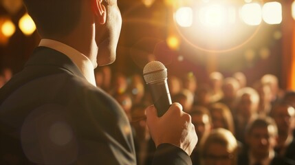 Speaker addressing a blurred audience with microphone in hand.