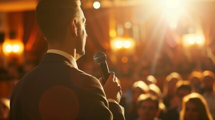 Man giving a speech at an event with audience in background - obrazy, fototapety, plakaty