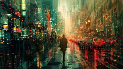 Fototapeta premium A man walks down a city street in the rain. The street is filled with cars and traffic lights. The man is carrying a briefcase and he is in a hurry. The scene is a reflection of the hustle