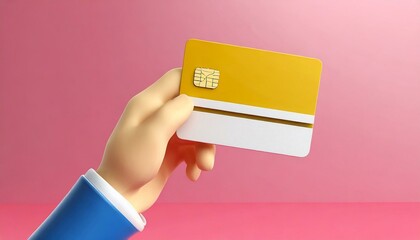 Cartoon hand holding bank credit card isolated and pink background. 3d minimalism