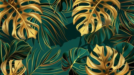 An elegant gold art deco wallpaper pattern with golden split-leaf Philodendron plants and monstera plants, and a background of green emerald foliage.