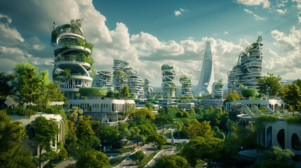 Advanced city with sustainable energy solutions and green architecture.