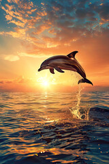 vertical image of Graceful Dolphin Jumping from Glowing Ocean at Sunset with Cloudy Sky