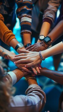 Diverse group of people stacking hands in a symbol of unity