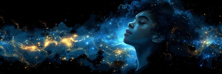 Black woman curly hair cosmic aura around her head digital illustration