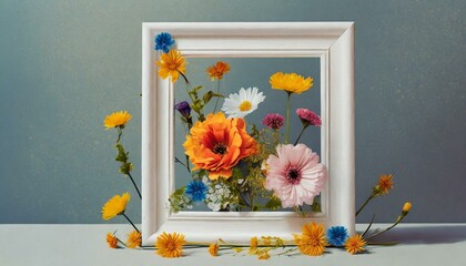  A creative design featuring flowers within a white frame, embodying a minimalistic spring concept