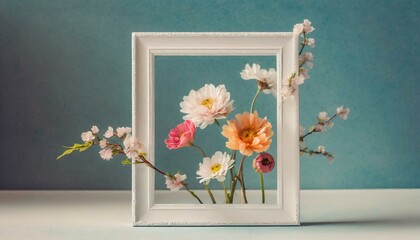 A creative design featuring flowers within a white frame, embodying a minimalistic spring concept