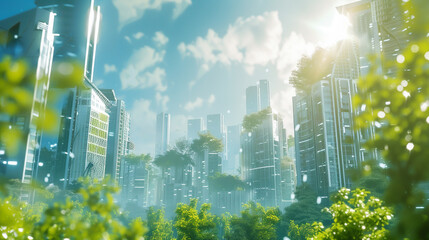 Advanced city with sustainable energy solutions and green architecture, documentary photography...