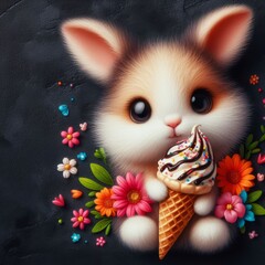 Fototapeta na wymiar A digital creation of an orange and white bunny with wide, innocent eyes holding an ice cream cone, amidst a bed of lively flowers and tiny, colorful embellishments.. AI Generation