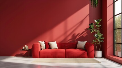 an image of a minimalist red-themed living room with AI, focusing on simplicity and elegance attractive look