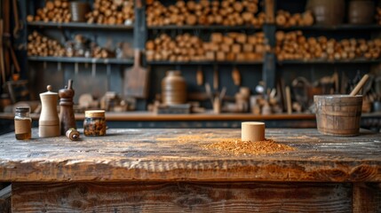   A wooden table, laden with numerous jars, hosts a wooden shelf above, brimming with wooden spoons and additional wooden items - obrazy, fototapety, plakaty