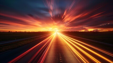 Obraz premium A long road with a bright orange sun in the sky. The sun is setting and the sky is filled with clouds