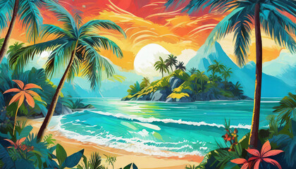 Fototapeta na wymiar Vibrant illustration of a tropical paradise with palm trees and turquoise water. Natural landscape.