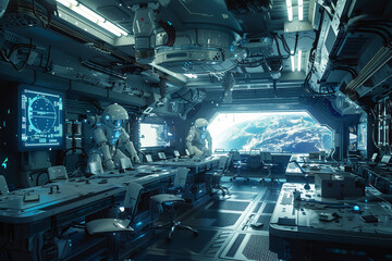 An ultra-modern classroom in a space station, with children from different planets learning about the galaxyhyper realistic, low noise, low texture, futuristic style