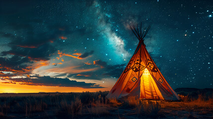full sized in frame big native american tipi with brown Indian patterns on them, night, one side is bright with warm light, another side is darker with bluish light, Generative Ai - obrazy, fototapety, plakaty