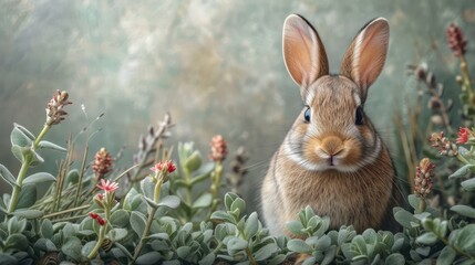 Obraz premium A tight shot of a rabbit amidst a sea of grass, flowers, and a softly blurred backdrop of trees and shrubs