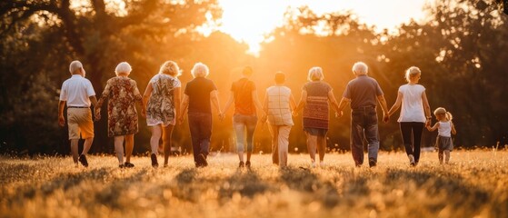 An image of happy multigenerational people having fun during sunset in a public park - Concept of community and support