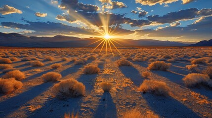 A sun is shining on a desert landscape. The sun is the main focus of the image, and it is the only thing that is not blurry. The sun is shining brightly, creating a warm and inviting atmosphere - obrazy, fototapety, plakaty