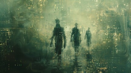 A group of three people are walking through a city in the dark. The city is filled with tall buildings and the sky is cloudy. Scene is eerie and mysterious