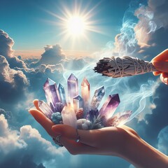 A hand cradles a bundle of burning sage, smoke swirling around a cluster of healing crystals against a backdrop of a heavenly sky.. AI Generation - obrazy, fototapety, plakaty