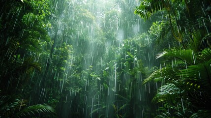 A lush green forest with rain pouring down on it. The rain is coming down in a steady stream, creating a peaceful and calming atmosphere. The trees are tall and dense