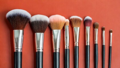 Makeup brushes set in row. Professional makeup tools on pastel red background. Set of glamour make up brushes.