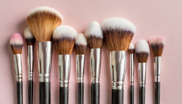 Makeup brushes set in row. Professional makeup tools on pastel pink background. Set of glamour make up brushes
