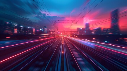 Obraz premium A train is traveling down a track with a city in the background. The train is surrounded by a bright, colorful glow, giving the impression of a futuristic cityscape