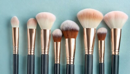 Makeup brushes set in row. Professional makeup tools on pastel blue background. Set of glamour make up brushes.