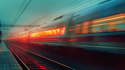Fototapeta premium A train is moving down the tracks with a red glow. The train is long and has a bright red stripe