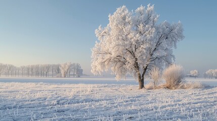A snow covered field with a lone tree in the middle. The sky is clear and blue, and the snow is covering the ground. Concept of solitude and peacefulness