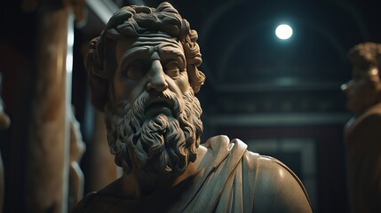 A stoic Greek bearded man bronze statue