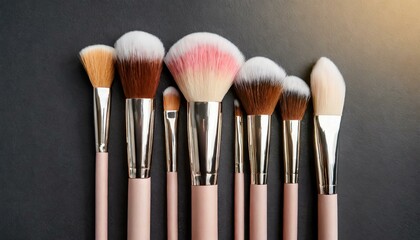 Makeup brushes set in row. Professional makeup tools on pastel black background. Set of glamour make up brushes.