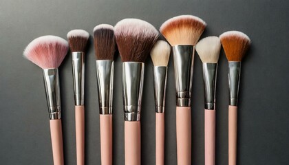 Makeup brushes set in row. Professional makeup tools on pastel black background. Set of glamour make up brushes.