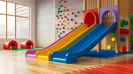 AI image of a modern indoor children's playground featuring a colorful indoor slide in a...