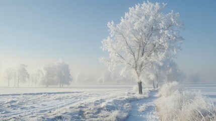 A snowy field with a tree in the middle. The snow is white and the sky is blue