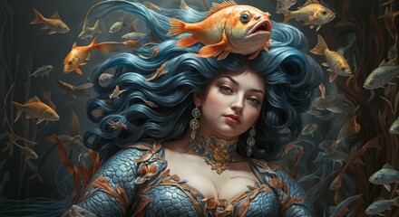 Surreal portrait of a mermaid with fish
