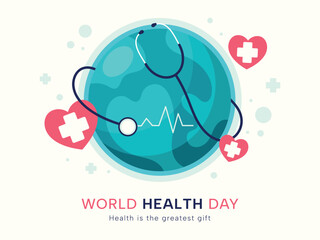 World health day concept, 7 April, background vector. Hand drawn comic doodle style of earth, heart, stethoscope. Design for web, banner, campaign, social media post.