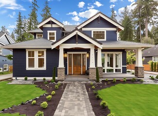 Beautiful home exterior with a navy blue house, white trim and a green grass lawn