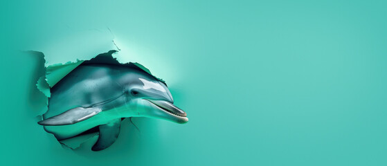 An adorable dolphin's face peeks through a paper rip, symbolizing hope and playfulness in a minimalistic setting