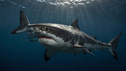 A great white shark swimming in the ocean - obrazy, fototapety, plakaty
