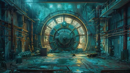 Fototapeta premium A large clock is in the center of a room with a lot of pipes and wires. The room is dark and dirty, giving off a creepy and eerie vibe