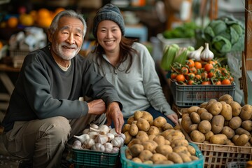 A man and a woman are smiling in front of a greengrocers produce stand, showcasing natural foods...