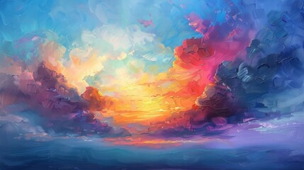 A painting of a sky with a sun and clouds. The sky is filled with a variety of colors, including blue, red, and yellow. The sun is positioned in the middle of the sky - obrazy, fototapety, plakaty