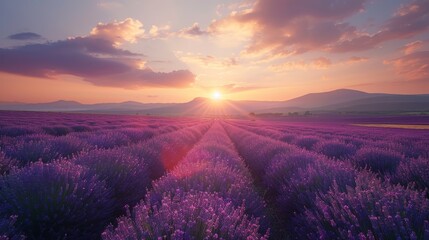 A field of lavender with a sun setting in the background. The sun is shining brightly on the purple flowers, creating a warm and peaceful atmosphere