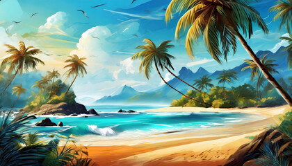 Fototapeta na wymiar Vibrant illustration of a tropical paradise with sandy beach, palm trees and turquoise water.