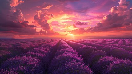 A field of lavender with a beautiful sunset in the background. The sky is filled with clouds and the sun is setting, creating a warm and peaceful atmosphere