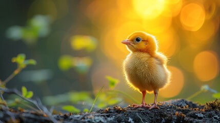   A small yellow duck atop mossy ground, in front of a yellow-green bokeh of light