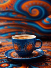 Mystic coffee mug, Aura of steam waves, "Transcend with Every Sip!", Hues of electric blue and fiery orange, Kaleidoscopic bean mandala, Flowing groovy letterforms, 1960s
