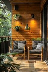 Cozy minimalist modern balcony interior in wooden and gray tones. Relaxation area on the terrace